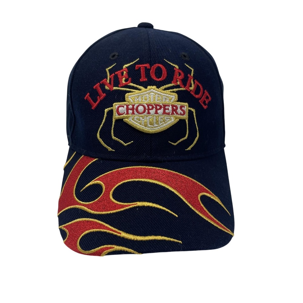 Vtg Choppers Live To Ride Hat Y2K Flames Spider Motorcycle Iron Cross Biker Cap